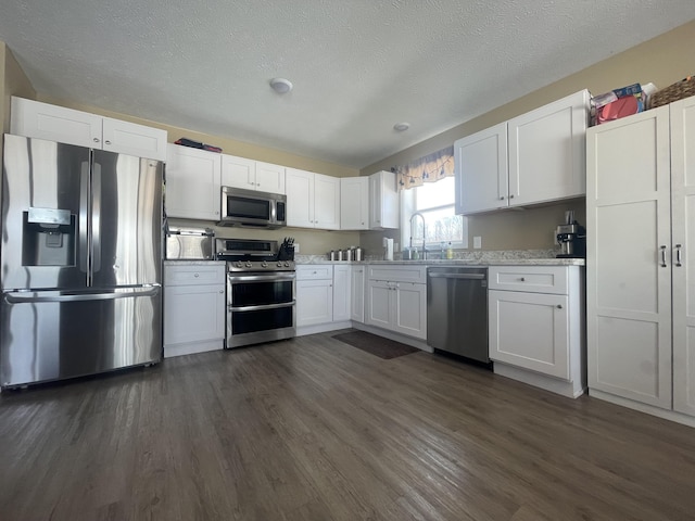 kitchen featuring white cabinets, stainless steel appliances, dark wood-type flooring, and a sink