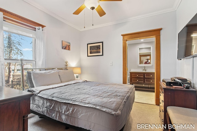 bedroom with light carpet, crown molding, and a ceiling fan