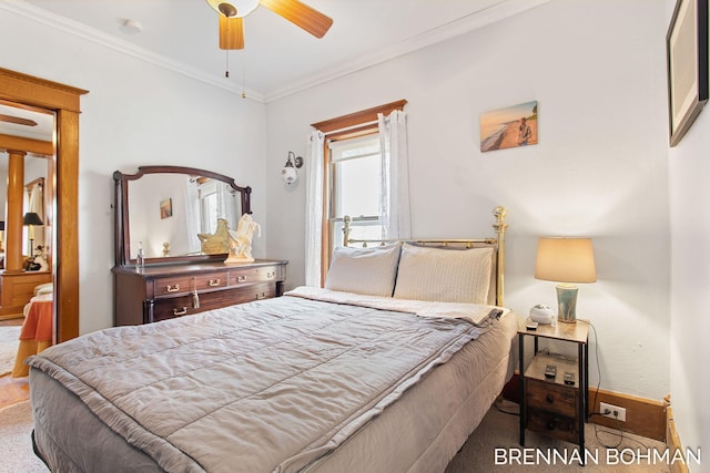 carpeted bedroom with crown molding