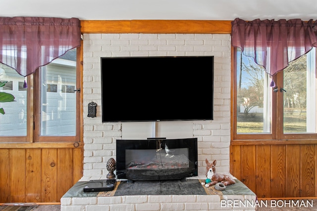 interior details featuring wooden walls and a fireplace