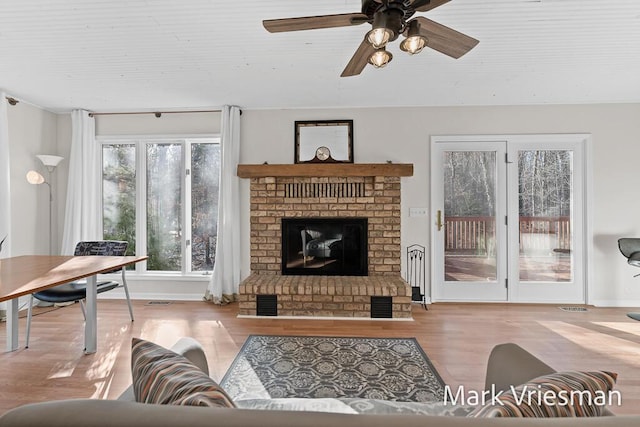 living room featuring wood finished floors, a fireplace, and baseboards