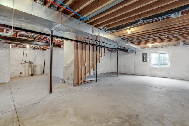basement with stairs and electric panel
