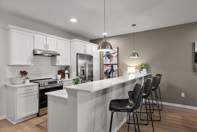 kitchen with light wood finished floors, under cabinet range hood, backsplash, stainless steel appliances, and light countertops