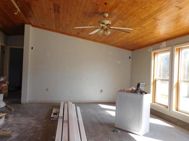 unfurnished living room featuring plenty of natural light, wood ceiling, and ceiling fan