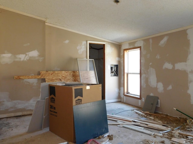 interior space featuring a textured ceiling, crown molding, and vaulted ceiling