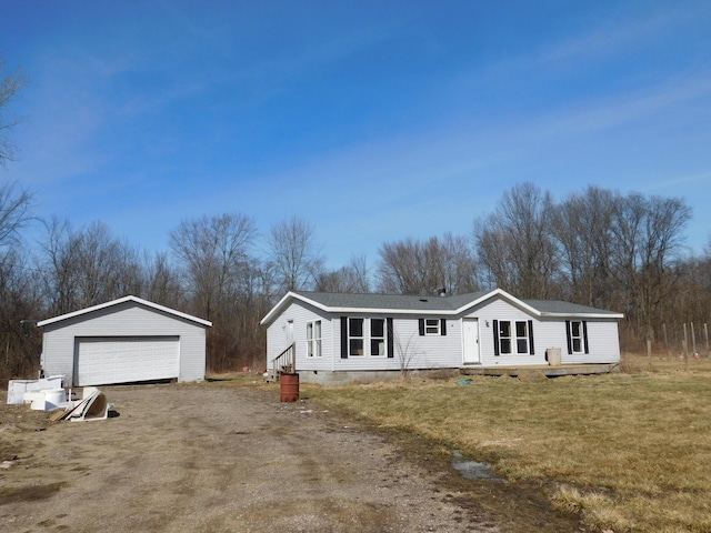 manufactured / mobile home with an outbuilding, crawl space, a front lawn, and a garage