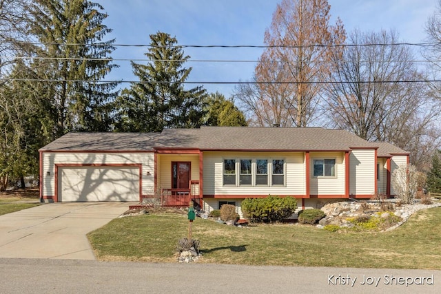 ranch-style house with a garage, concrete driveway, and a front yard