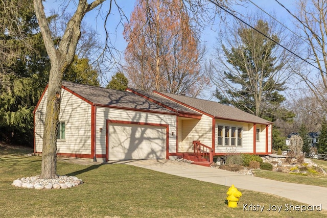 ranch-style house featuring a garage, concrete driveway, a front yard, and roof with shingles