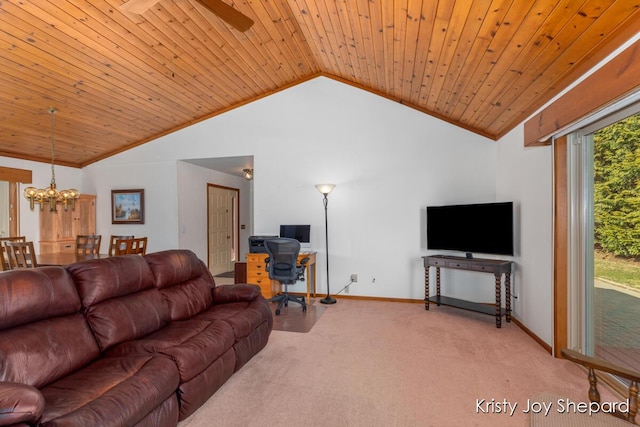 living room with baseboards, lofted ceiling, light carpet, wooden ceiling, and an inviting chandelier