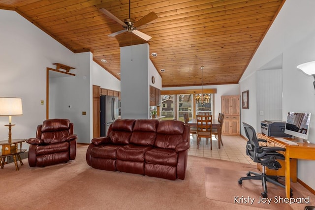 living room with light carpet, ceiling fan with notable chandelier, wooden ceiling, and high vaulted ceiling