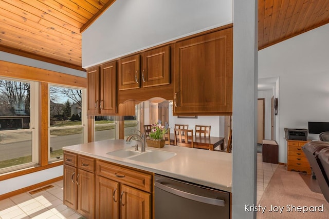 kitchen featuring visible vents, a sink, wooden ceiling, light countertops, and dishwasher