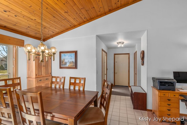 dining space featuring light tile patterned floors, a notable chandelier, wooden ceiling, and vaulted ceiling