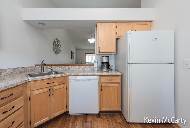 kitchen featuring a sink, light brown cabinetry, light countertops, white appliances, and dark wood-style flooring