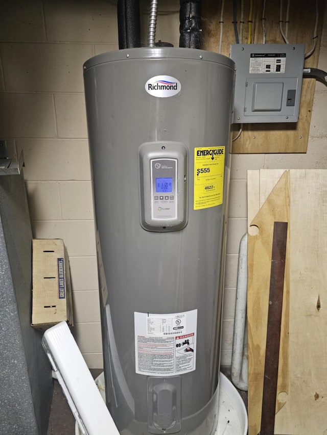 utility room with electric panel and electric water heater