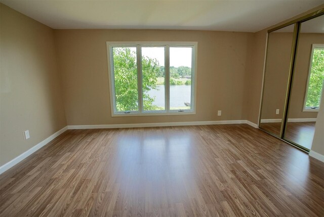 unfurnished bedroom featuring a closet, multiple windows, and wood finished floors