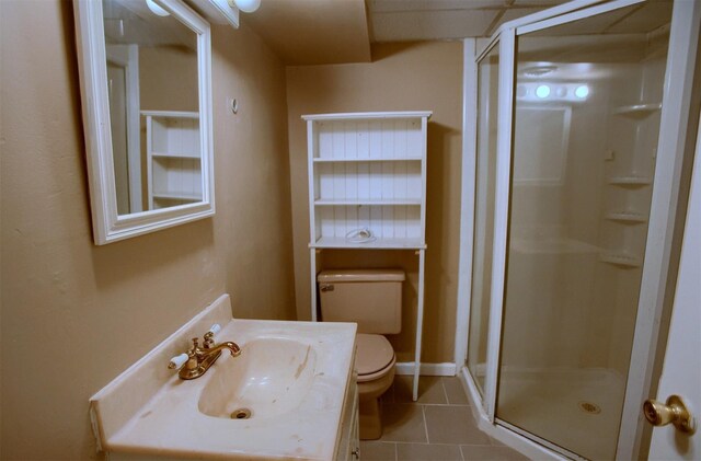 full bathroom with tile patterned floors, a shower stall, toilet, and vanity