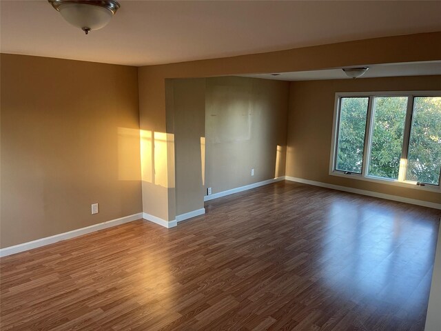 spare room with baseboards and wood finished floors