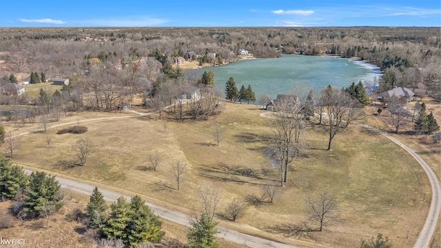 bird's eye view featuring a wooded view and a water view