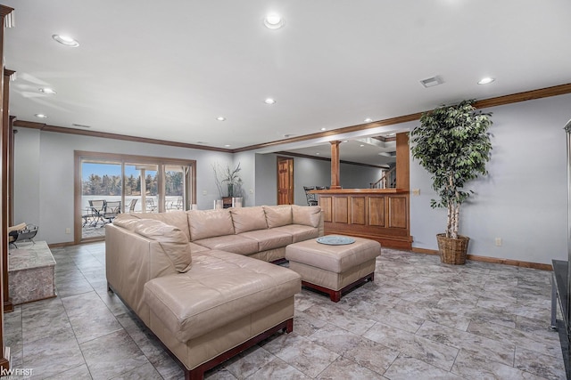 living area featuring crown molding, recessed lighting, baseboards, and visible vents