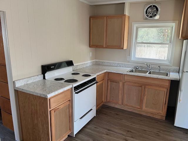 kitchen featuring white appliances, dark wood-style floors, visible vents, a sink, and light countertops