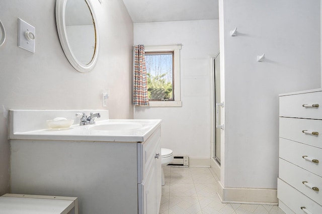 bathroom featuring an enclosed shower, toilet, vanity, and baseboards