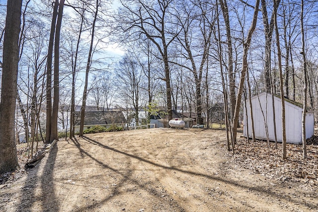 view of yard featuring an outdoor structure and a shed