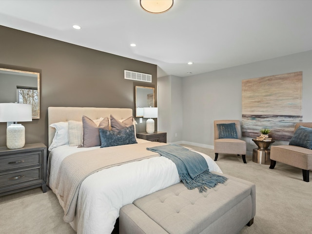 bedroom featuring recessed lighting, visible vents, baseboards, and carpet