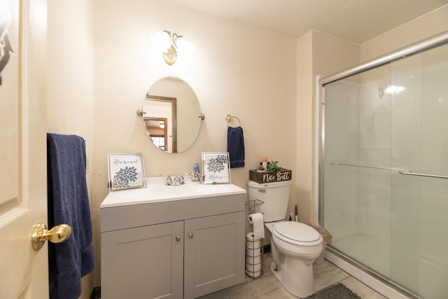 full bathroom with vanity, toilet, and a stall shower