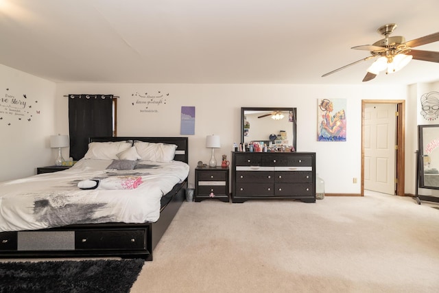 bedroom with baseboards, carpet, and ceiling fan