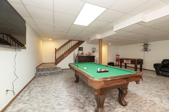 game room featuring a paneled ceiling, baseboards, carpet, and pool table