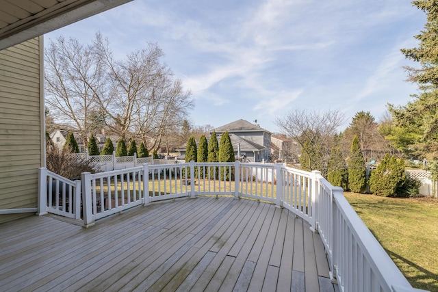 deck with a fenced backyard and a yard