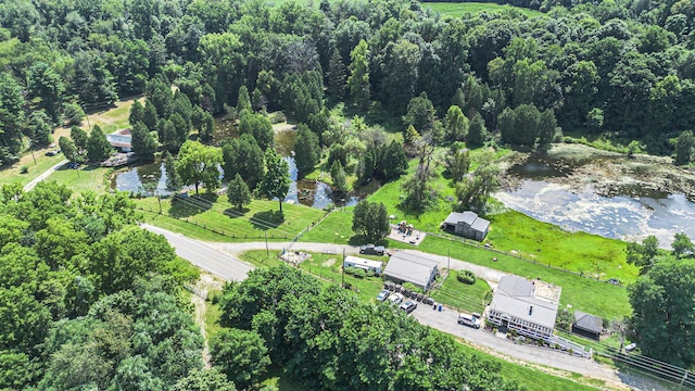 bird's eye view featuring a forest view and a water view