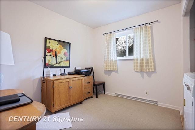 office area featuring light carpet, baseboards, and a baseboard radiator