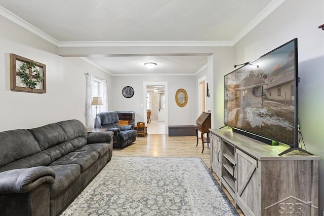 living area featuring wood finished floors, baseboards, and ornamental molding