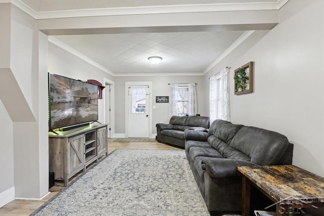 living room featuring baseboards, ornamental molding, and light wood finished floors