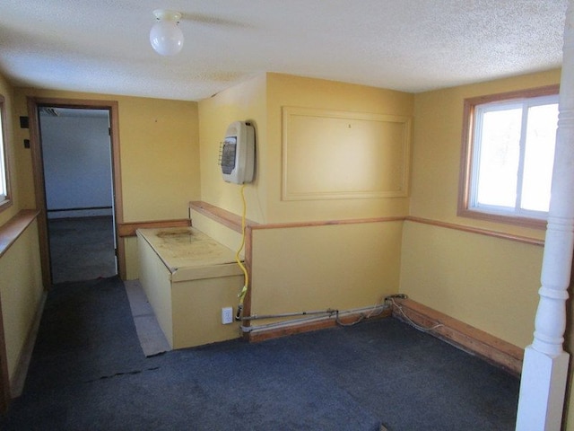 washroom with heating unit, baseboards, carpet floors, and a textured ceiling