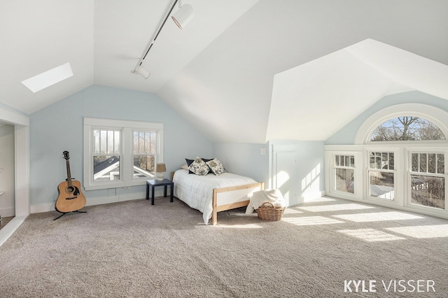 unfurnished bedroom with vaulted ceiling with skylight, multiple windows, rail lighting, and carpet