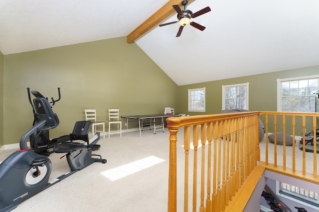 workout area featuring lofted ceiling, baseboards, and carpet floors