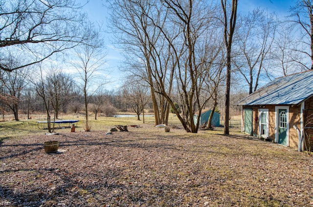 view of yard featuring an outbuilding and a trampoline