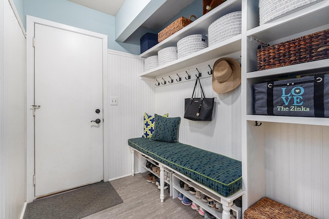 mudroom with wood finished floors