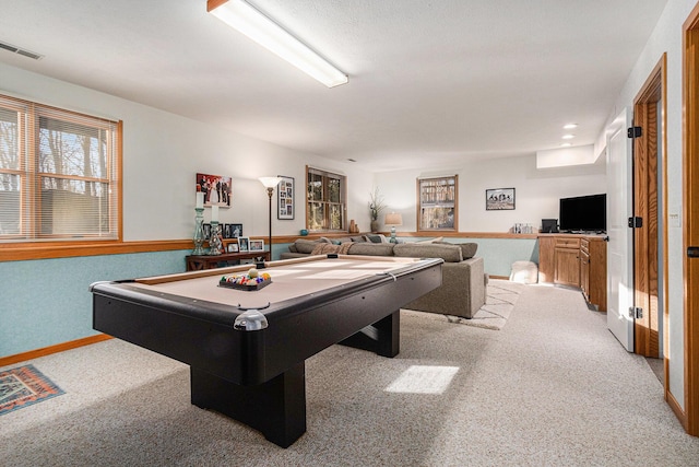 playroom with visible vents, pool table, baseboards, light carpet, and recessed lighting