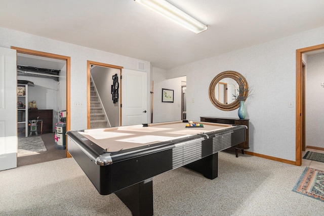 game room with visible vents, billiards, baseboards, and carpet floors