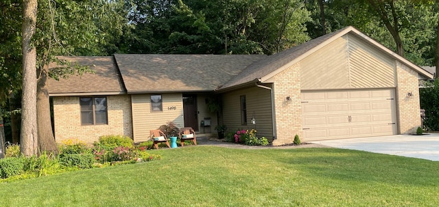 ranch-style home featuring brick siding, concrete driveway, a front yard, roof with shingles, and an attached garage