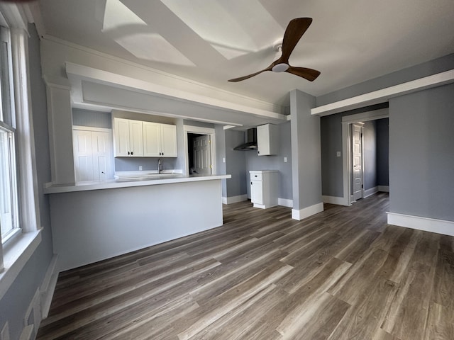 kitchen featuring a sink, dark wood finished floors, white cabinetry, a peninsula, and exhaust hood