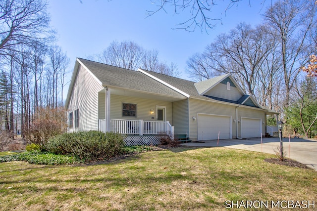 view of front of property with roof with shingles, covered porch, concrete driveway, a front yard, and a garage