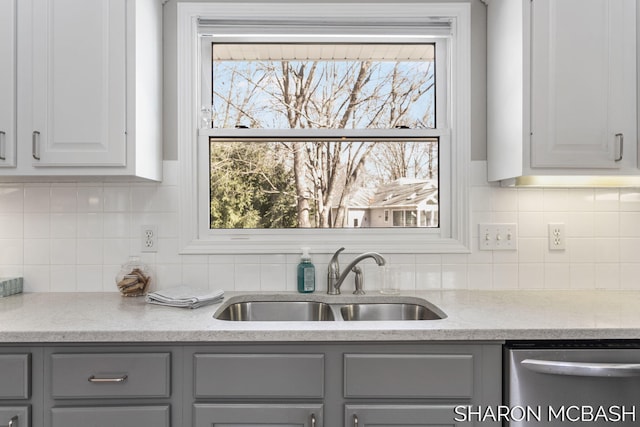 kitchen featuring a sink, backsplash, gray cabinetry, and stainless steel dishwasher