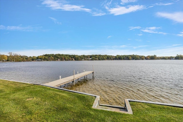 dock area featuring a water view and a lawn