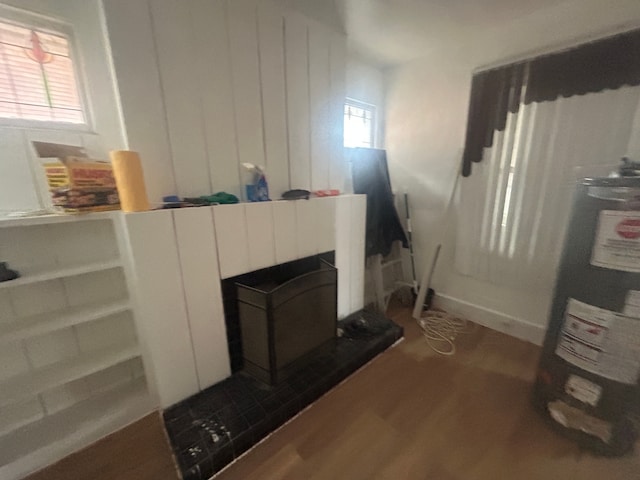 interior space with electric water heater, baseboards, and wood finished floors