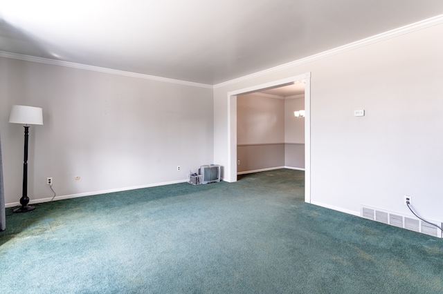 empty room with crown molding, baseboards, visible vents, and dark carpet