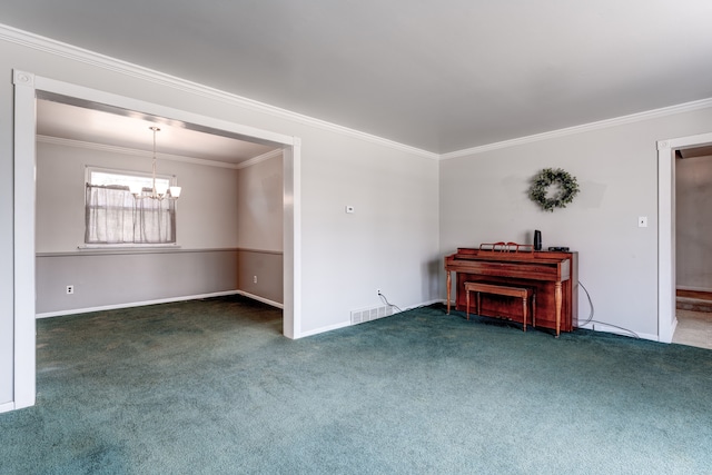 unfurnished living room with visible vents, ornamental molding, carpet flooring, baseboards, and a chandelier